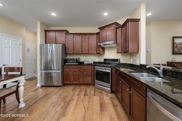 39 Addlestone Ln, Manchester, NJ 08759 - kitchen featuring stainless steel appliances, a sink, under cabinet range hood, light wood finished floors, and recessed lighting