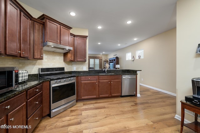 39 Addlestone Ln, Manchester, NJ 08759 - kitchen with appliances with stainless steel finishes, under cabinet range hood, a peninsula, a sink, and light wood-style flooring