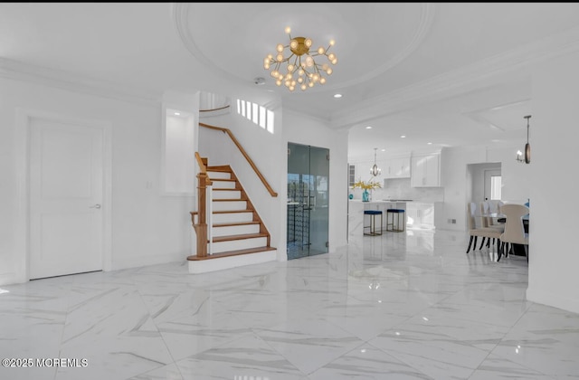 1 Private Dr, Elberon, NJ 07740 - living room featuring a chandelier, crown molding, stairs, baseboards, and light marble finish floors