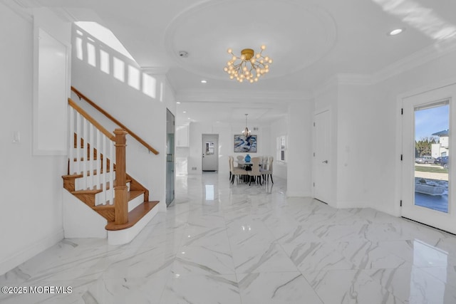 1 Private Dr, Elberon, NJ 07740 - entrance foyer featuring a chandelier, crown molding, stairway, light marble finish flooring, and baseboards