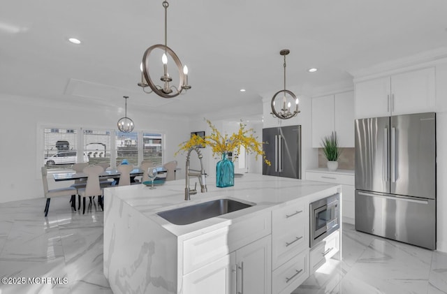 1 Private Dr, Elberon, NJ 07740 - kitchen with stainless steel appliances, a sink, recessed lighting, a chandelier, and a center island with sink
