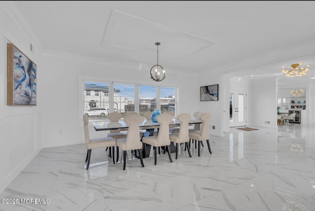 1 Private Dr, Elberon, NJ 07740 - dining area featuring a chandelier, marble finish flooring, ornamental molding, and baseboards