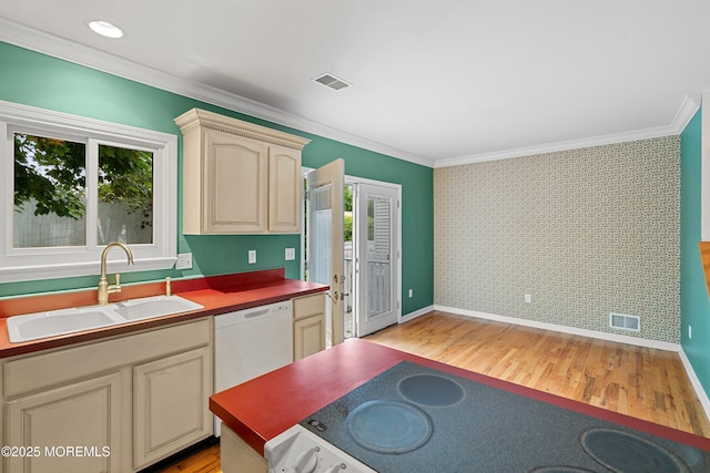146 Inskip Ave, Ocean Grove, NJ 07756 - kitchen with a sink, stove, wallpapered walls, baseboards, and crown molding