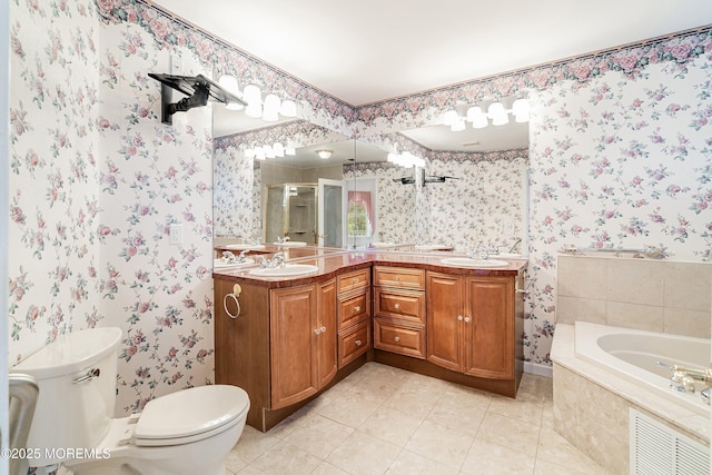146 Inskip Ave, Ocean Grove, NJ 07756 - full bath with wallpapered walls, tile patterned floors, a stall shower, double vanity, and toilet