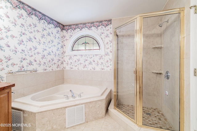146 Inskip Ave, Ocean Grove, NJ 07756 - full bath with wallpapered walls, a bath, a shower stall, vanity, and tile patterned flooring