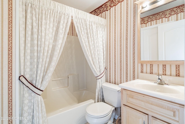 146 Inskip Ave, Ocean Grove, NJ 07756 - full bathroom featuring wallpapered walls, shower / bath combination with curtain, toilet, and vanity