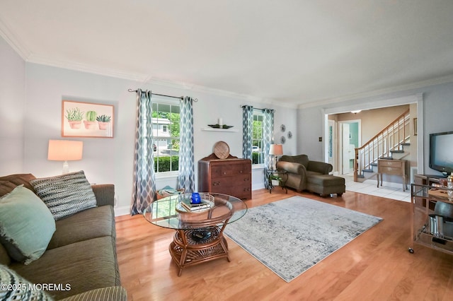 15 Peachstone Rd, Howell, NJ 07731 - living room with stairway, wood finished floors, and ornamental molding