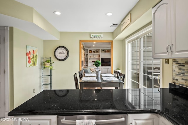 15 Peachstone Rd, Howell, NJ 07731 - kitchen with white cabinets, recessed lighting, built in features, and dark stone counters