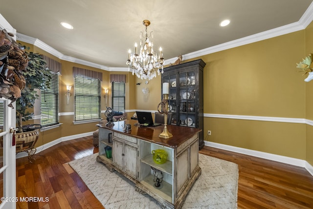 12 Conor Rd, Jackson, NJ 08527 - home office with baseboards, wood finished floors, a chandelier, ornamental molding, and recessed lighting