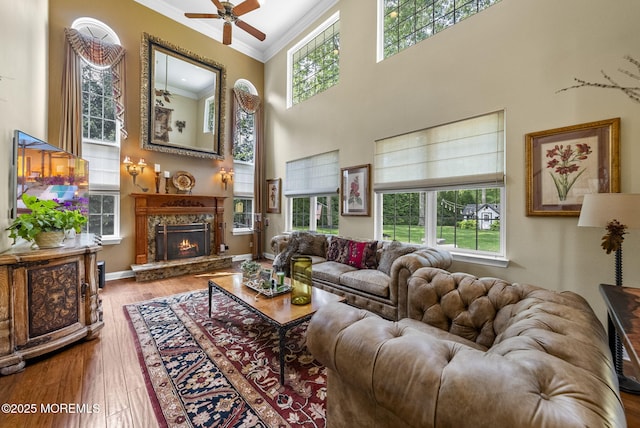 12 Conor Rd, Jackson, NJ 08527 - living area featuring ornamental molding, a ceiling fan, plenty of natural light, a high ceiling, and wood finished floors