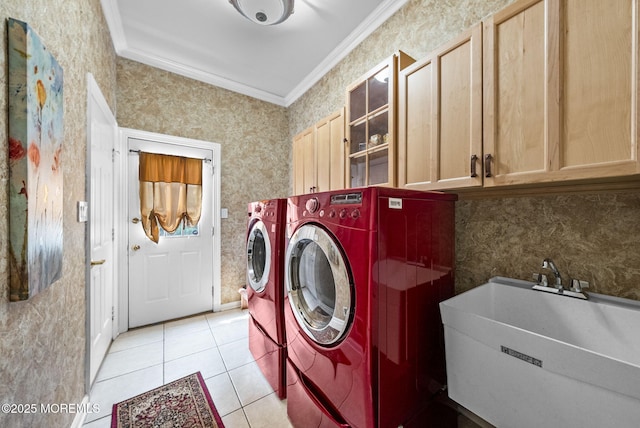 12 Conor Rd, Jackson, NJ 08527 - laundry room with cabinet space, ornamental molding, washer and dryer, light tile patterned floors, and wallpapered walls