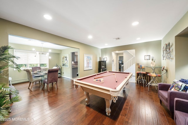 9 Crossridge Cir, Marlboro, NJ 07746 - game room featuring dark wood-style floors, billiards table, a baseboard heating unit, and recessed lighting