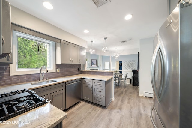9 Crossridge Cir, Marlboro, NJ 07746 - kitchen featuring appliances with stainless steel finishes, a sink, gray cabinets, a peninsula, and backsplash