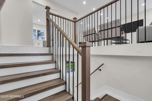 1117 Wake Forest Dr, Toms River, NJ 08753 - stairway featuring a high ceiling, wood finished floors, recessed lighting, and baseboards