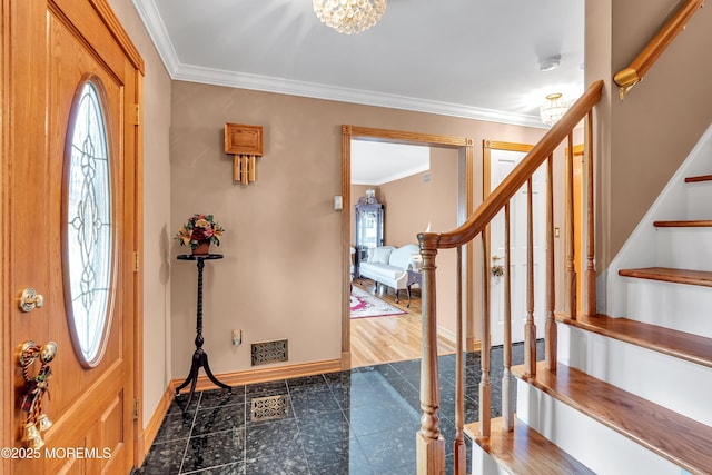 1 River Dr, Farmingdale, NJ 07727 - entrance foyer with stairway, granite floors, baseboards, ornamental molding, and a chandelier