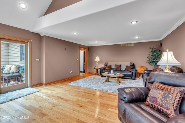 1 River Dr, Farmingdale, NJ 07727 - living area featuring recessed lighting, crown molding, light wood finished floors, baseboards, and lofted ceiling