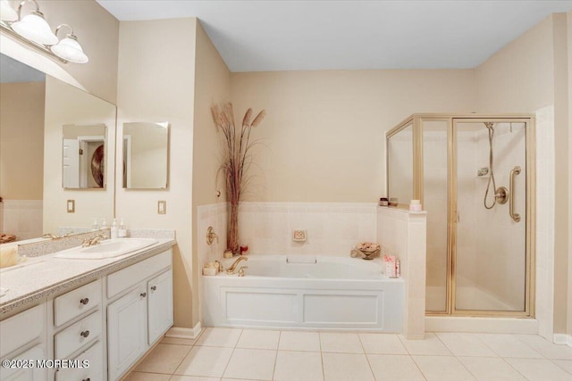 634 Saint Andrews Pl, Manalapan, NJ 07726 - bathroom with tile patterned floors, vanity, a bath, and a stall shower
