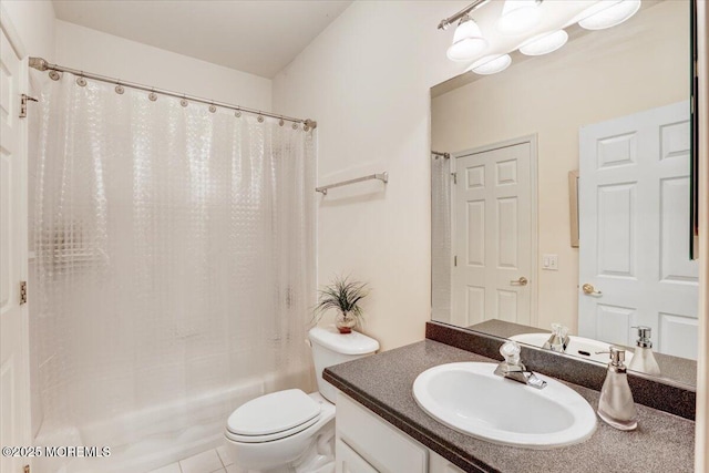 634 Saint Andrews Pl, Manalapan, NJ 07726 - bathroom with vanity, shower / tub combo with curtain, toilet, and tile patterned flooring