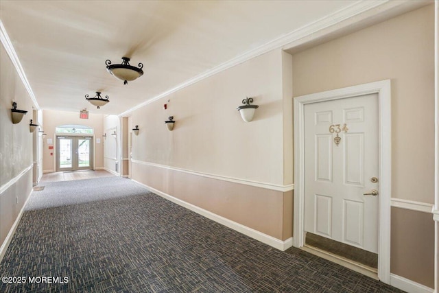 634 Saint Andrews Pl, Manalapan, NJ 07726 - hall with carpet, crown molding, french doors, and baseboards