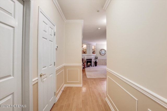 634 Saint Andrews Pl, Manalapan, NJ 07726 - hallway with light wood finished floors, wainscoting, a decorative wall, and crown molding