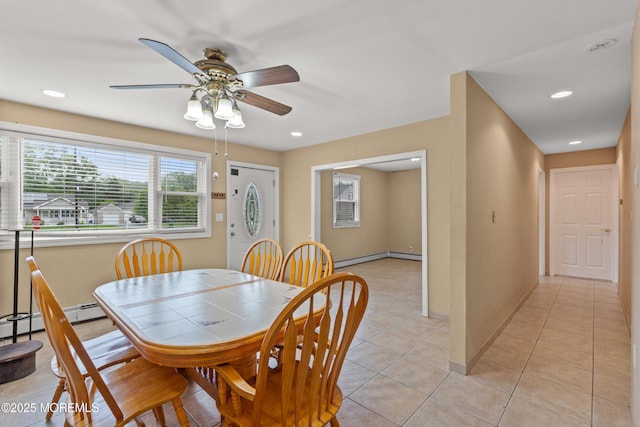 30 Woodland Dr, Howell, NJ 07731 - dining space featuring light tile patterned floors, ceiling fan, baseboards, recessed lighting, and a baseboard radiator