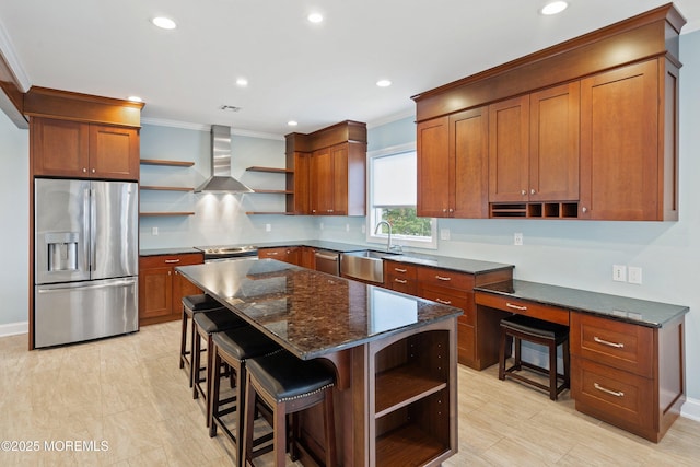 22 Corrigan Ave, Pine Beach, NJ 08741 - kitchen featuring open shelves, appliances with stainless steel finishes, wall chimney range hood, a sink, and brown cabinetry