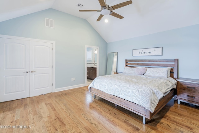 22 Corrigan Ave, Pine Beach, NJ 08741 - bedroom with a closet, high vaulted ceiling, light wood finished floors, baseboards, and ceiling fan