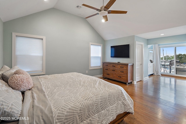 22 Corrigan Ave, Pine Beach, NJ 08741 - bedroom with access to outside, lofted ceiling, wood finished floors, recessed lighting, and ceiling fan