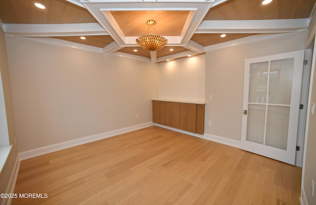 674 Lake Ave, Bay Head, NJ 08742 - unfurnished room featuring coffered ceiling, light wood finished floors, baseboards, beamed ceiling, and a chandelier