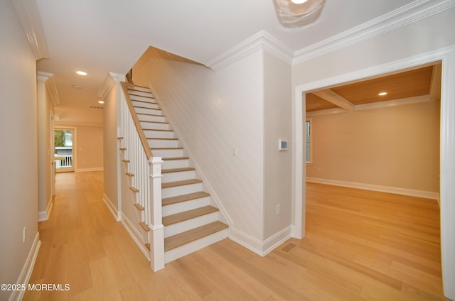 674 Lake Ave, Bay Head, NJ 08742 - staircase featuring ornamental molding, wood finished floors, baseboards, and recessed lighting