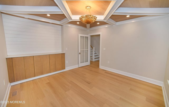 674 Lake Ave, Bay Head, NJ 08742 - spare room with coffered ceiling, a chandelier, beamed ceiling, light wood-style flooring, and baseboards