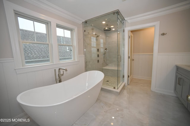 674 Lake Ave, Bay Head, NJ 08742 - full bath featuring a shower stall, a soaking tub, wainscoting, crown molding, and a decorative wall
