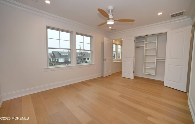 674 Lake Ave, Bay Head, NJ 08742 - unfurnished bedroom with light wood-style floors, ornamental molding, baseboards, a closet, and recessed lighting