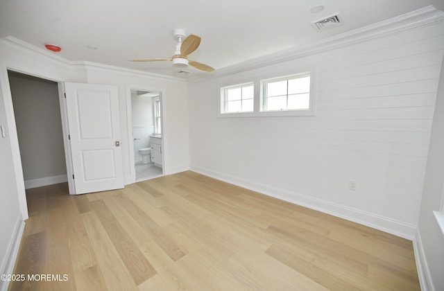 674 Lake Ave, Bay Head, NJ 08742 - unfurnished bedroom featuring baseboards, light wood-type flooring, ornamental molding, connected bathroom, and a ceiling fan
