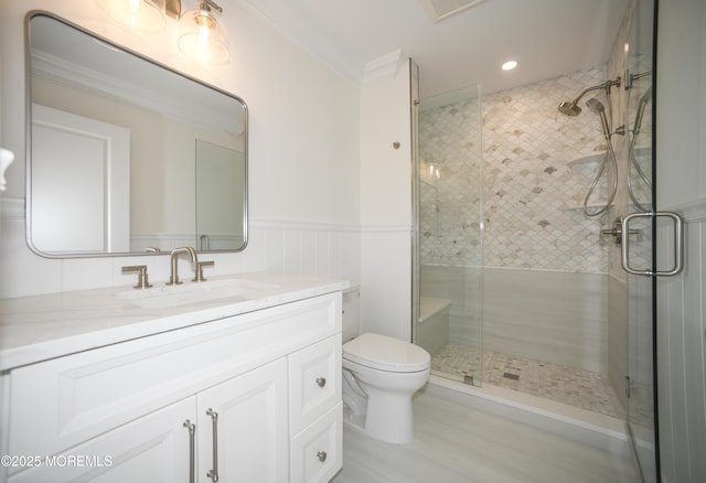 674 Lake Ave, Bay Head, NJ 08742 - full bath featuring toilet, a stall shower, vanity, ornamental molding, and recessed lighting