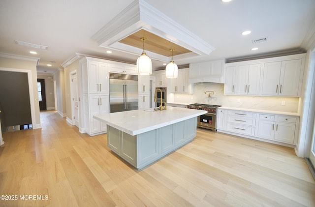 674 Lake Ave, Bay Head, NJ 08742 - kitchen featuring high quality appliances, ornamental molding, white cabinets, light wood-style flooring, and decorative backsplash