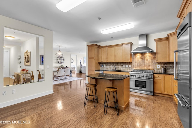 432 Ocean Blvd N Unit 506, Long Branch, NJ 07740 - kitchen with wall chimney range hood, premium appliances, a sink, tasteful backsplash, and wood finished floors