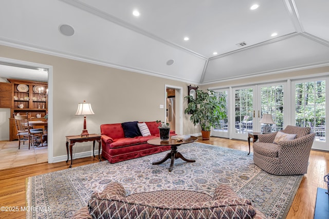 49 Crane Ct, Middletown, NJ 07748 - living room featuring lofted ceiling, ornamental molding, wood finished floors, recessed lighting, and baseboards