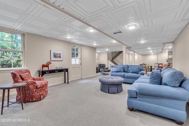 49 Crane Ct, Middletown, NJ 07748 - living area featuring stairway, an ornate ceiling, carpet floors, and baseboards