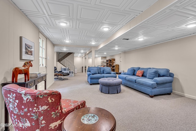 49 Crane Ct, Middletown, NJ 07748 - carpeted living room with an ornate ceiling, stairway, baseboards, and recessed lighting