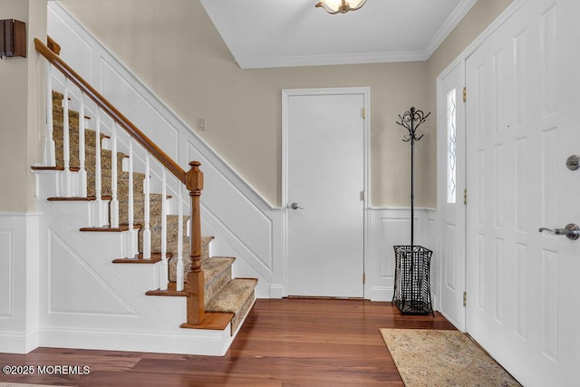 221 Bay Stream Dr, Toms River, NJ 08753 - foyer with a decorative wall, stairway, crown molding, wood finished floors, and a wainscoted wall
