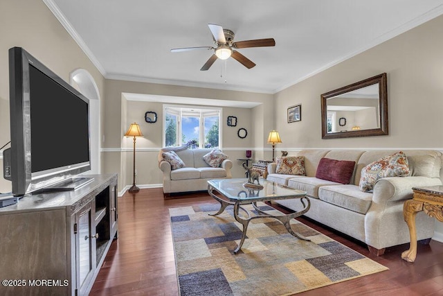 221 Bay Stream Dr, Toms River, NJ 08753 - living area with a ceiling fan, dark wood-style flooring, and crown molding