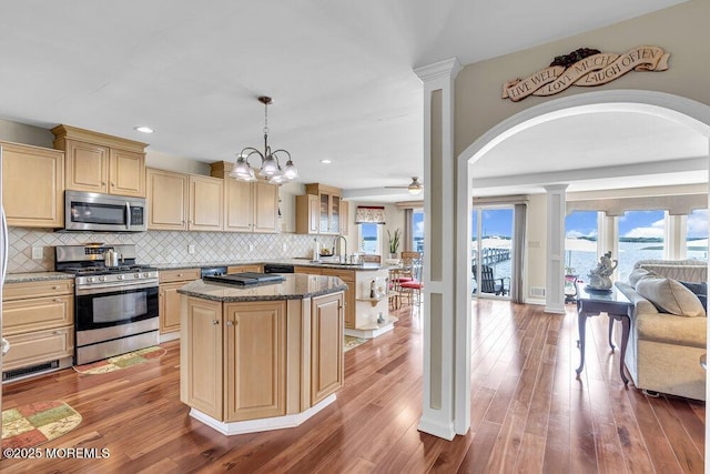 221 Bay Stream Dr, Toms River, NJ 08753 - kitchen featuring stainless steel appliances, arched walkways, a center island, healthy amount of natural light, and recessed lighting