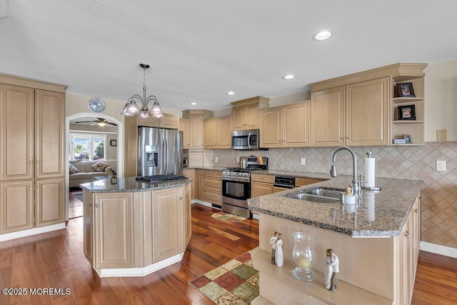 221 Bay Stream Dr, Toms River, NJ 08753 - kitchen featuring appliances with stainless steel finishes, a sink, light brown cabinets, open shelves, and dark wood-type flooring