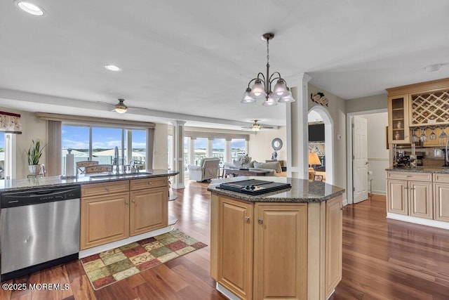 221 Bay Stream Dr, Toms River, NJ 08753 - kitchen featuring dishwasher, a ceiling fan, a sink, a kitchen island, and recessed lighting