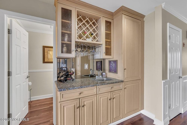221 Bay Stream Dr, Toms River, NJ 08753 - indoor wet bar with baseboards, dark wood finished floors, and ornamental molding