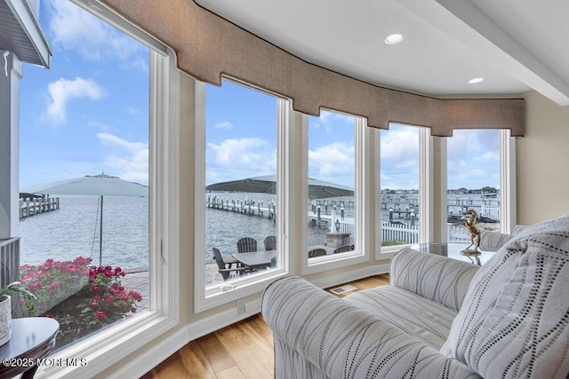 221 Bay Stream Dr, Toms River, NJ 08753 - sunroom / solarium with a water view, wood finished floors, and recessed lighting