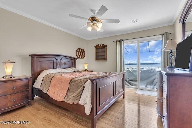 221 Bay Stream Dr, Toms River, NJ 08753 - bedroom featuring light wood-type flooring, access to outside, ornamental molding, and ceiling fan
