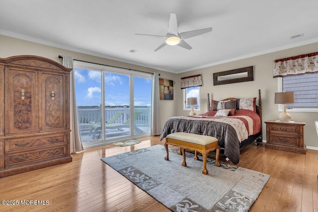 221 Bay Stream Dr, Toms River, NJ 08753 - bedroom featuring access to outside, light wood-style floors, ornamental molding, and ceiling fan