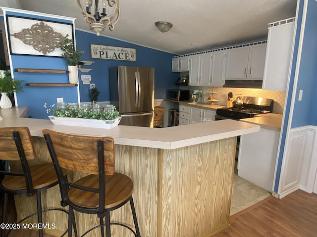 89 Seattle Slew Dr, Howell, NJ 07731 - kitchen with stainless steel appliances, vaulted ceiling, under cabinet range hood, tasteful backsplash, and light countertops